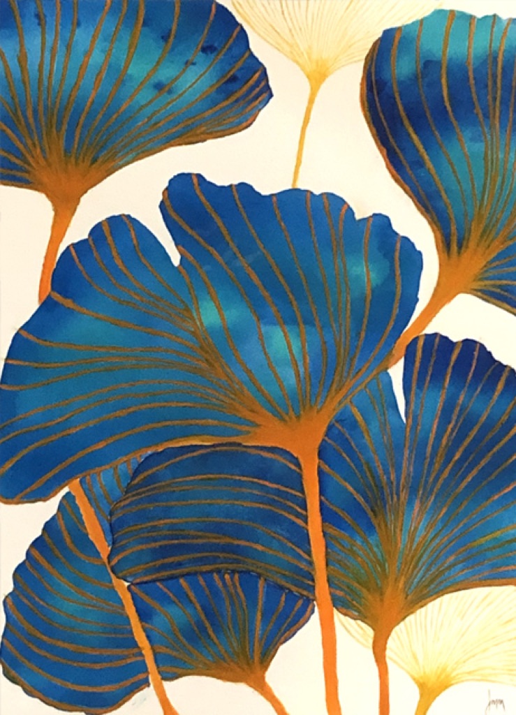 Feuilles de ginkgo bleues cernées d'or, à l'aquarelle, réalisé par un élève des Ateliers de Léna