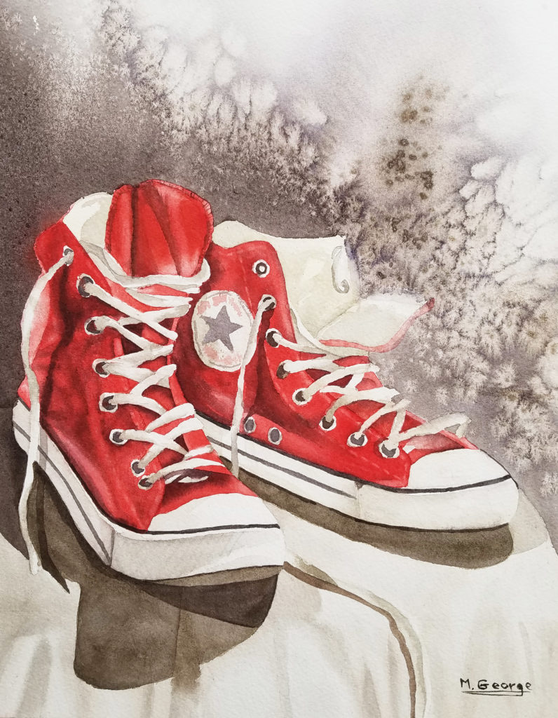 Paire de baskets rouges à l'aquarelle, réalisé par un élève des Ateliers de Léna