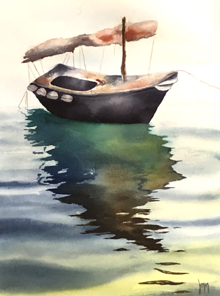 Barque et son reflet sur l'eau, à l'aquarelle, réalisé par un élève des Ateliers de Léna