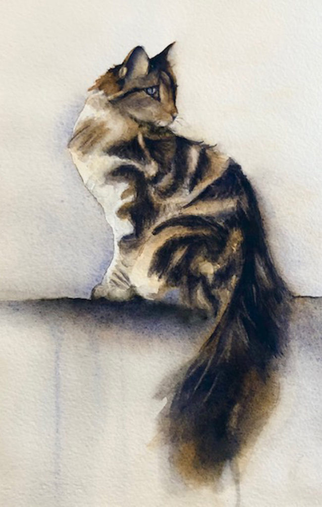Chat au pelage tigré, à l'aquarelle, réalisé par un élève des Ateliers de Léna