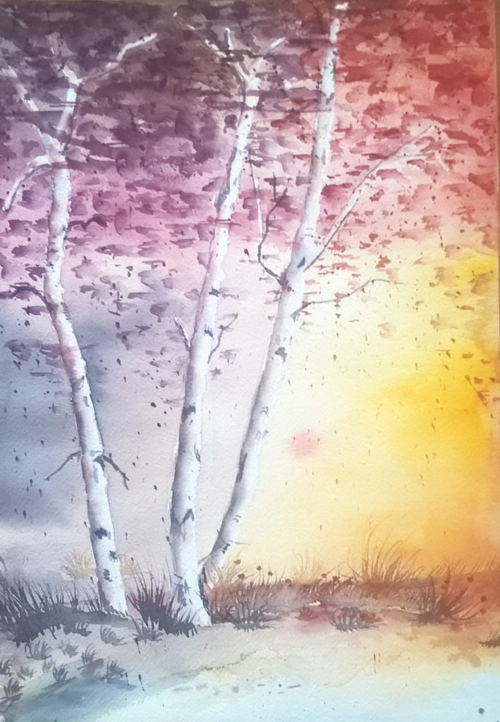 Sous-bois de bouleaux dans une lumière dorée, à l'aquarelle, réalisé par un élève des Ateliers de Léna