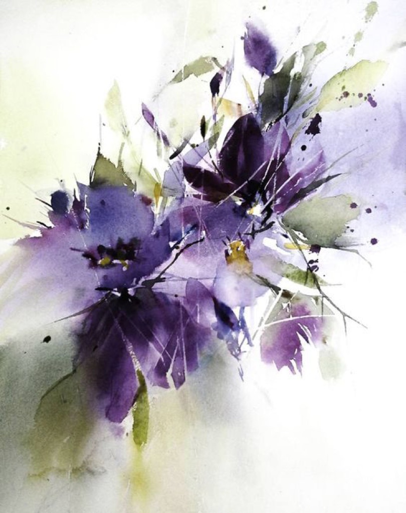 Bouquet de fleurs violettes à l'aquarelle, réalisé par un élève des Ateliers de Léna