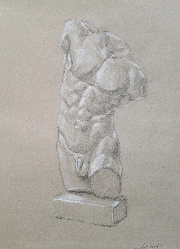 Étude académique au crayon d'un buste classique, réalisée par un élève des Ateliers de Léna