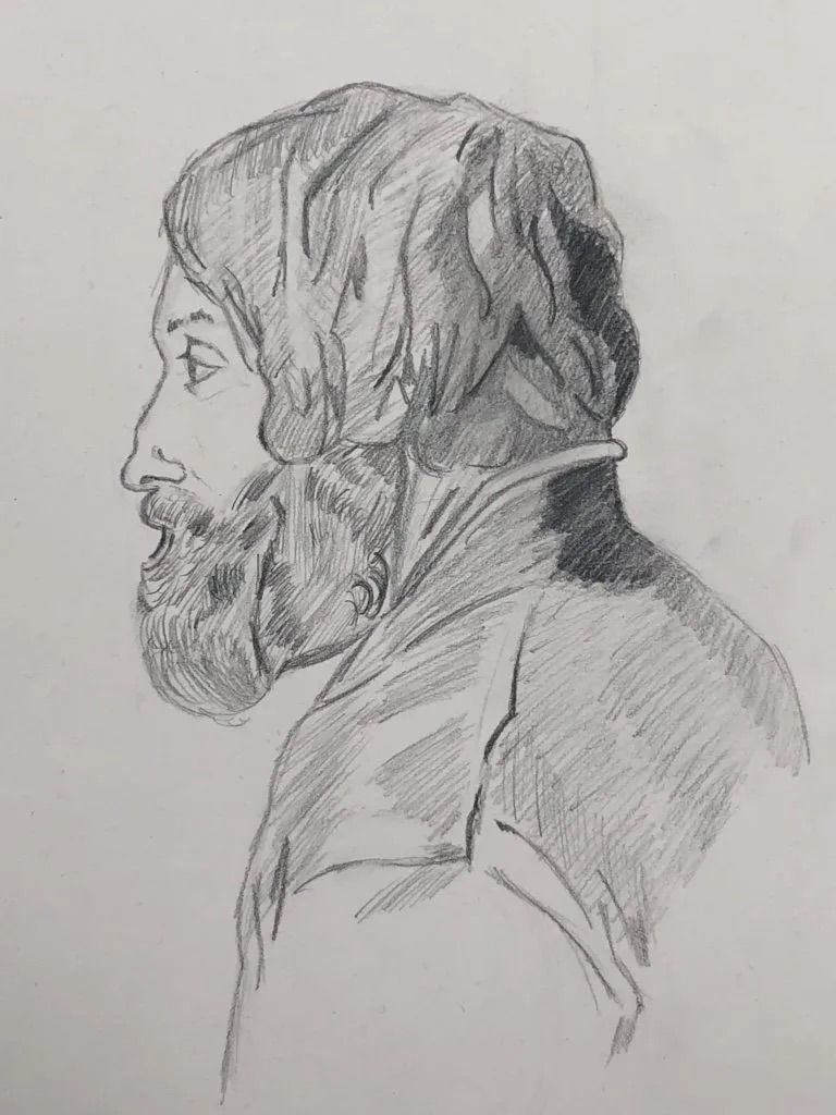 Portrait au crayon de profil, réalisé par un élève des Ateliers de Léna
