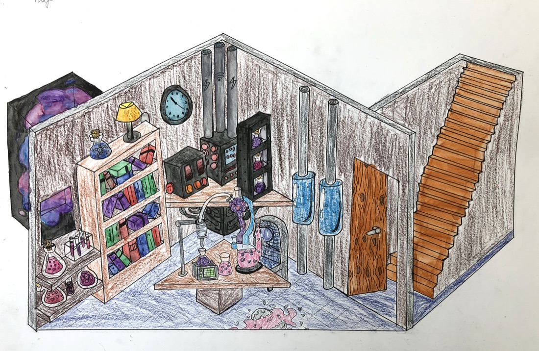 Une chambre pleine de détails dessinée en perspective aux crayons de couleur, par un élève junior des Ateliers de Léna