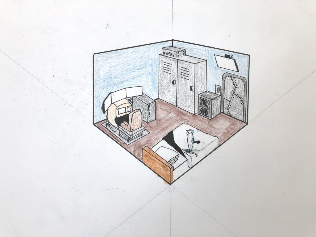Une petite chambre en perspective isométrique, au crayon et en couleurs, par un élève junior des Ateliers de Léna