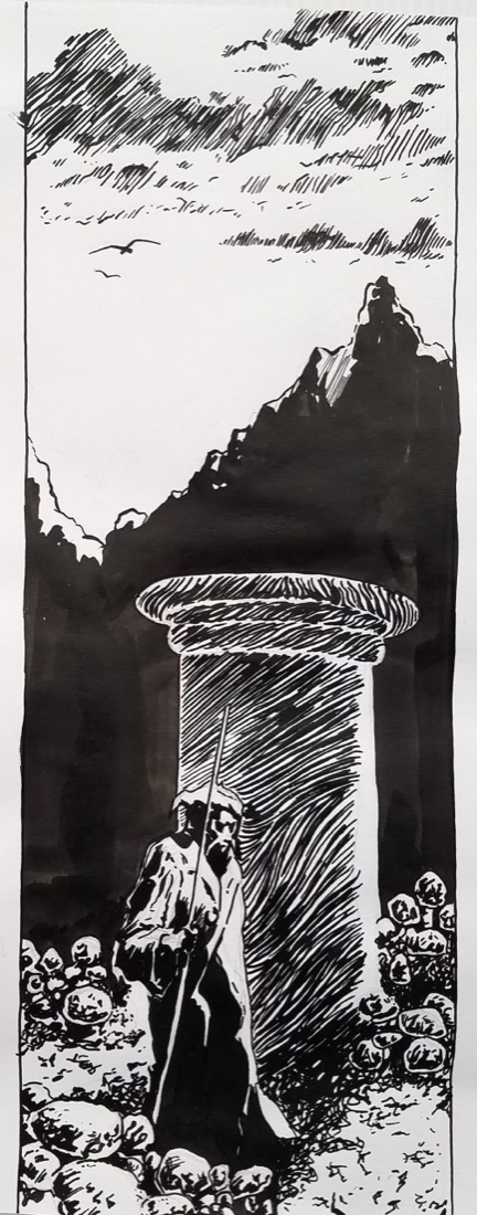 Une colonne antique devant des montagnes, à l'encre noire, par un élève junior des Ateliers de Léna