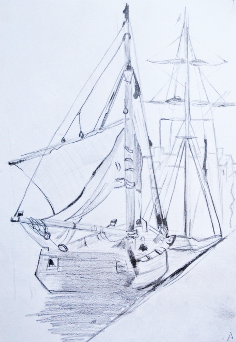 Un voilier au crayon graphite, par un élève junior des Ateliers de Léna
