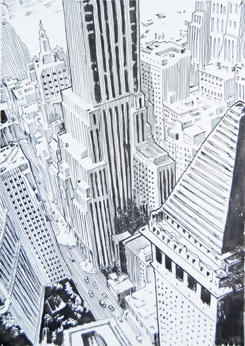 Une vue plongeante sur des gratte-ciel à l'encre, par un élève junior des Ateliers de Léna
