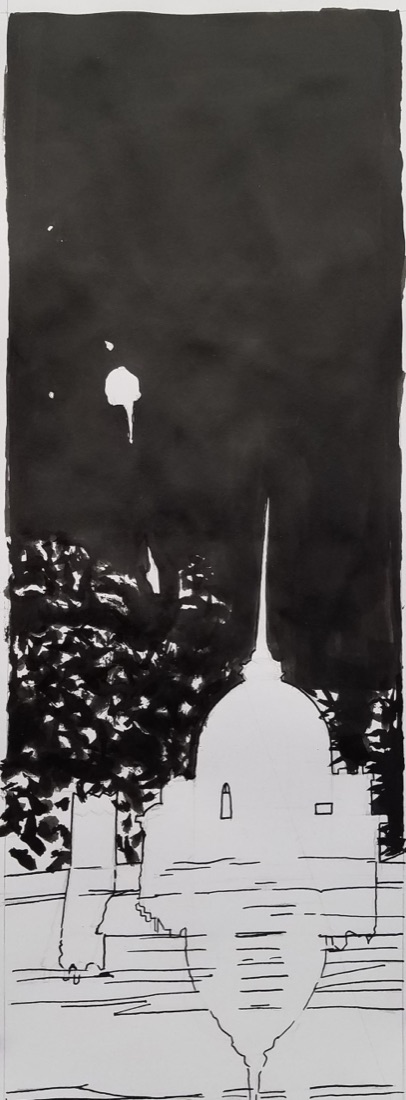 Une ville la nuit avec un dôme et une flèche, à l'encre noire, par un élève junior des Ateliers de Léna